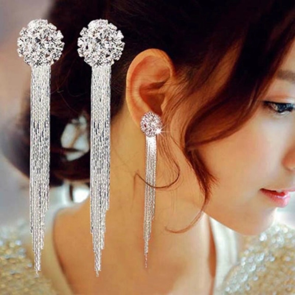 Korean Fashion Jewelry Crystal Tassel Earrings.